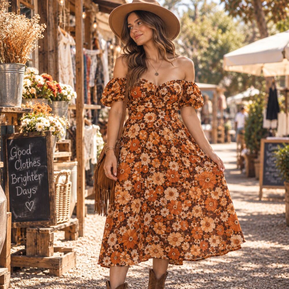 Floral Midi Dress Open Back Puff Sleeve XL Max + Ash Brown Orange Boho 70s